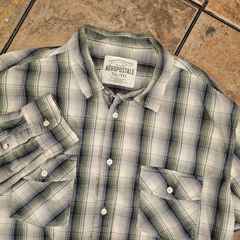 Aeropostale Mens XL Plaid Button Down Shirt Green Navy White Long Sleeve Cotton